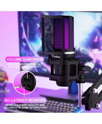 Plug&Play Gaming USB Microphone with Type-C Adapter for PC, RGB Condenser Computer Mic with Tripod Stand & Boom Arm, Quick Mute