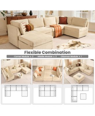 6-Piece Living Room Furniture Sectional Sofa,  L-Shaped Deep Seat Cloud Couch with Chaise Ottoman, Comfy Corduroy Modular Sofa Bed for Home