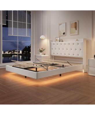Bed Frame with LED Lights, Modern Wood Floating Bed Frame with Storage