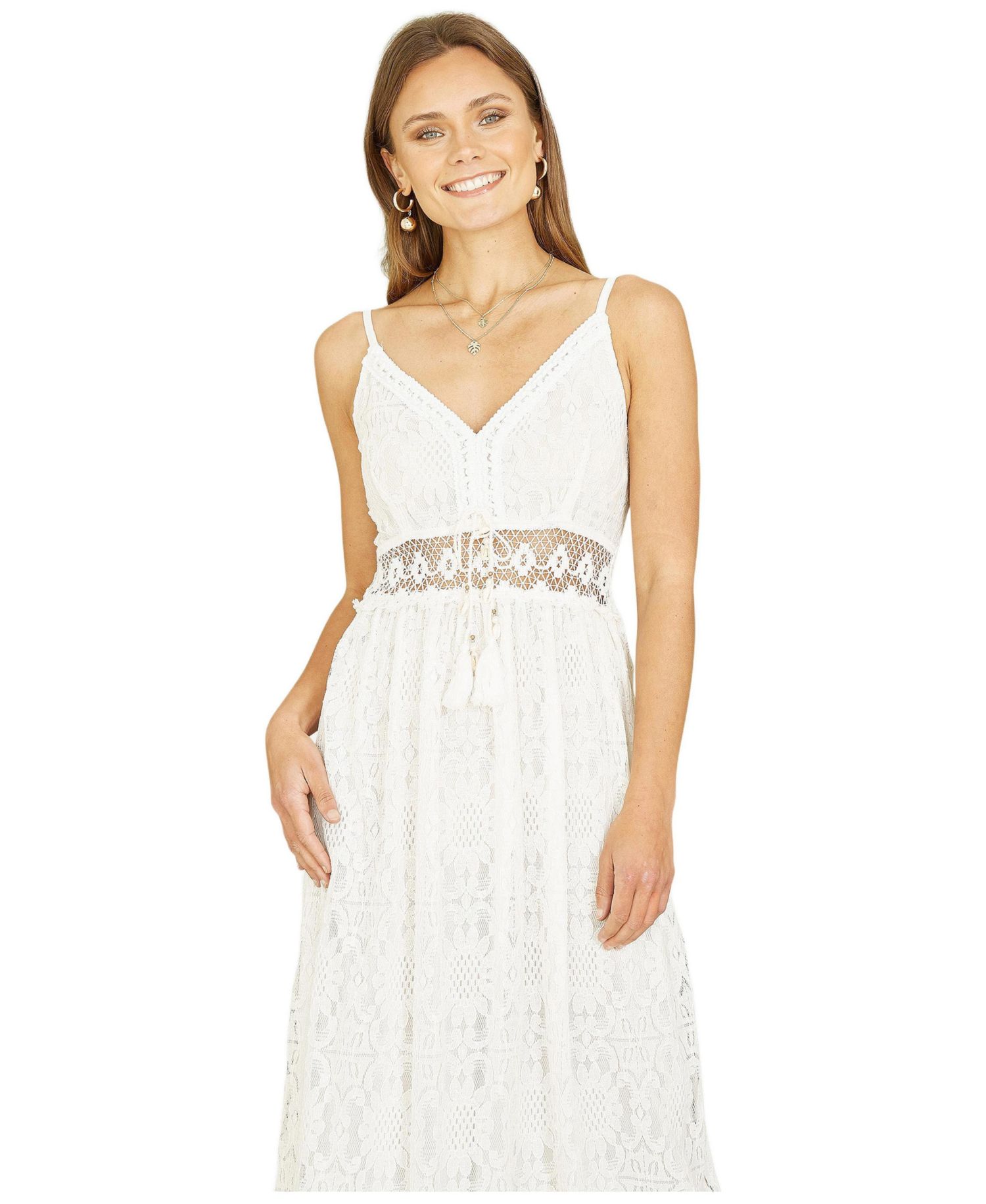 Women's Lace Embroidered Tassel Tie Midi Dress