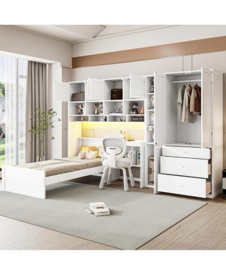 Wooden Twin Platform Bed with Desk, Wardrobe, Cabinets, Drawers, Shelves