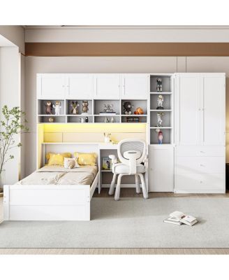 Wooden Twin Platform Bed with Desk, Wardrobe, Cabinets, Drawers, Shelves