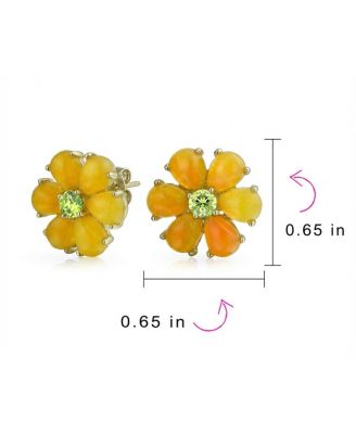 Floral CZ Center   Jade Flower Stud Earrings Gold Plated .925 Sterling Silver