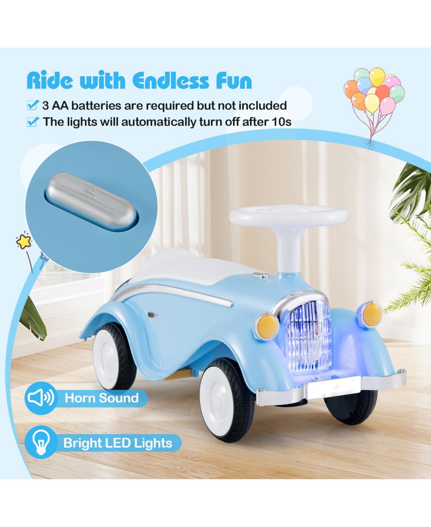 Детская игрушка Slickblue Classic Sliding Car Ride-On Toy with LED Headlight & Horn, 33 lbs., Ages 19-36 Months, цвет: Синий — фото 5