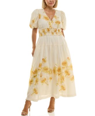 Women's Plus Size Puff-Sleeve Placement Print Maxi Dress