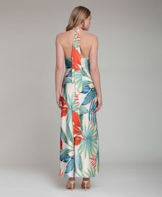 Women's Printed Halter Scarf-Tie Maxi Dress