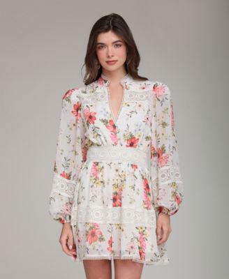 Women's Floral Lace-Trim Chiffon Dress