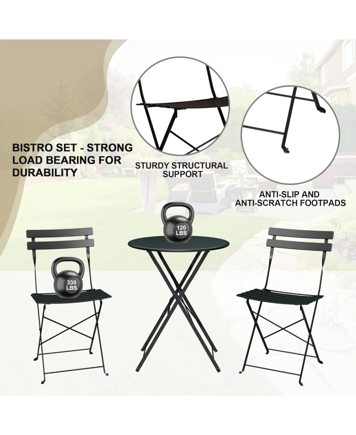 gaomon 3-Piece Patio Bistro Set, Foldable Table & 2 Chairs, Outdoor/Indoor Furniture for Patio, Balcony, Porch & Poolside.