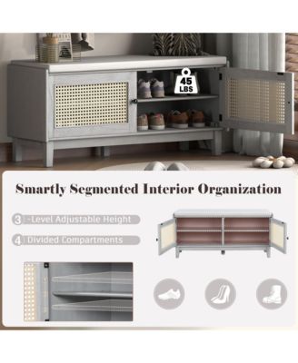 Rattan Shoe Storage Bench, Wooden Shoe Organizer with Cushion, 2 Doors, 2-Tier Shoe Rack and Adjustable Shelves for Entryway, Hallway