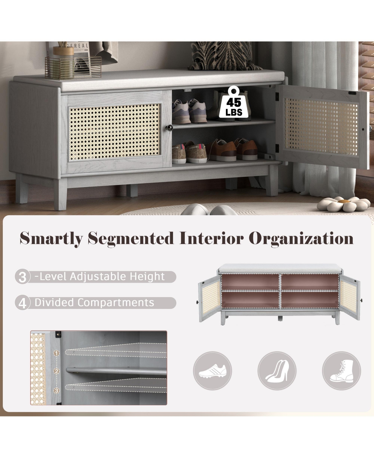 Rainsken Rattan Shoe Storage Bench, Wooden Shoe Organizer with Cushion, 2 Doors, 2-Tier Shoe Rack and Adjustable Shelves for Entryway