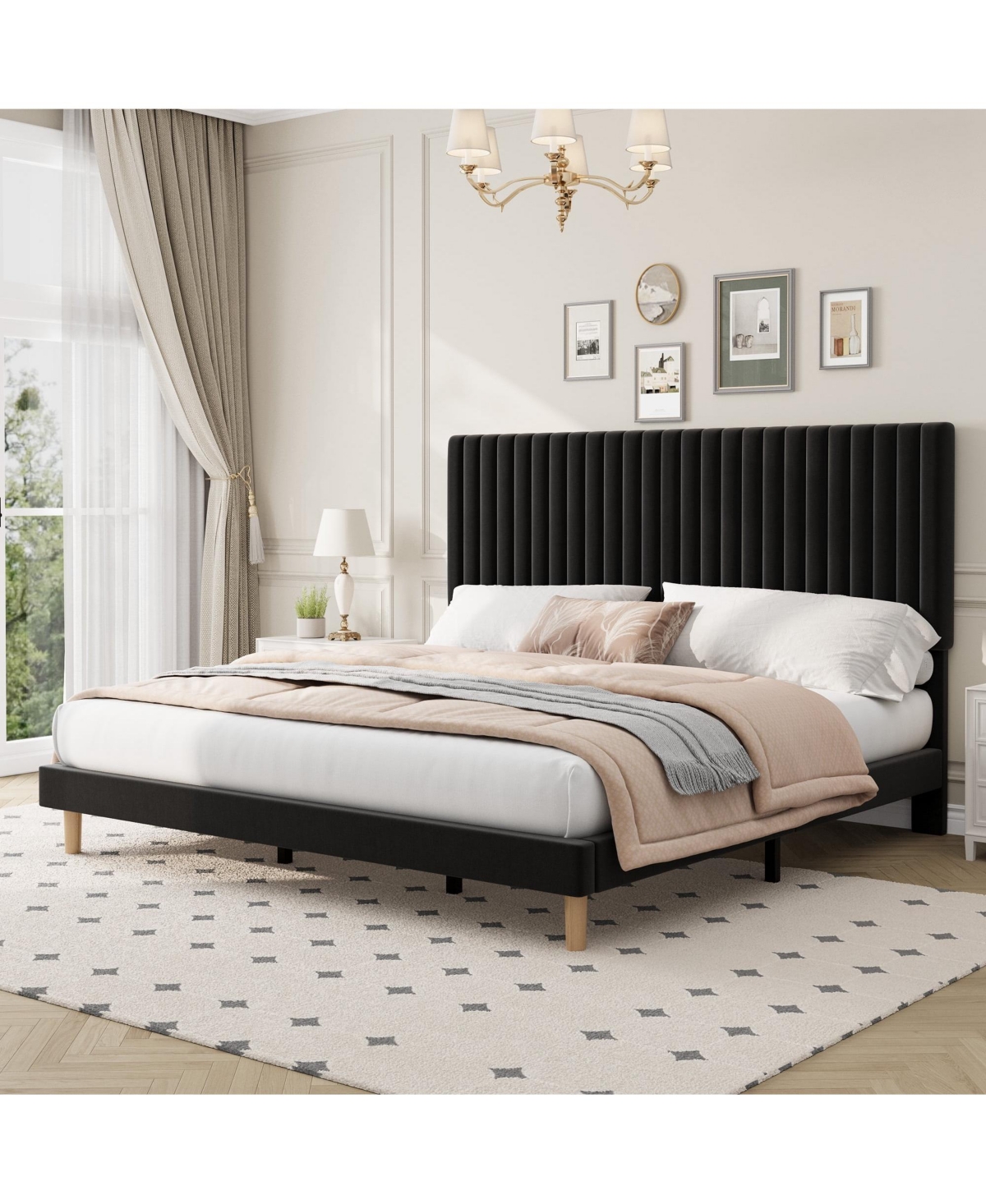 gaomon Upholstered Platform Velvet Bed Frame with Headboard,Strong Wooden Slats Support