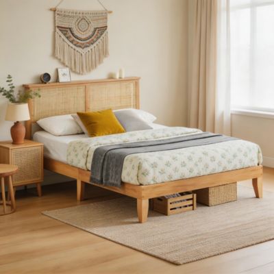 Boho Bed Frame, Rattan Headboard Bed Frame With Led Lights, Noise-Free Platform Light Wood Bed Frame