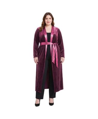 Plus Size Velvet Wrap Satin Belt Long Coat
