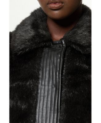 Women's Faux Fur Pu Panel Belted Cropped Jacket