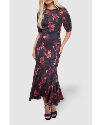 Women's Floral Stud Trim Puff Sleeve Midi Dress