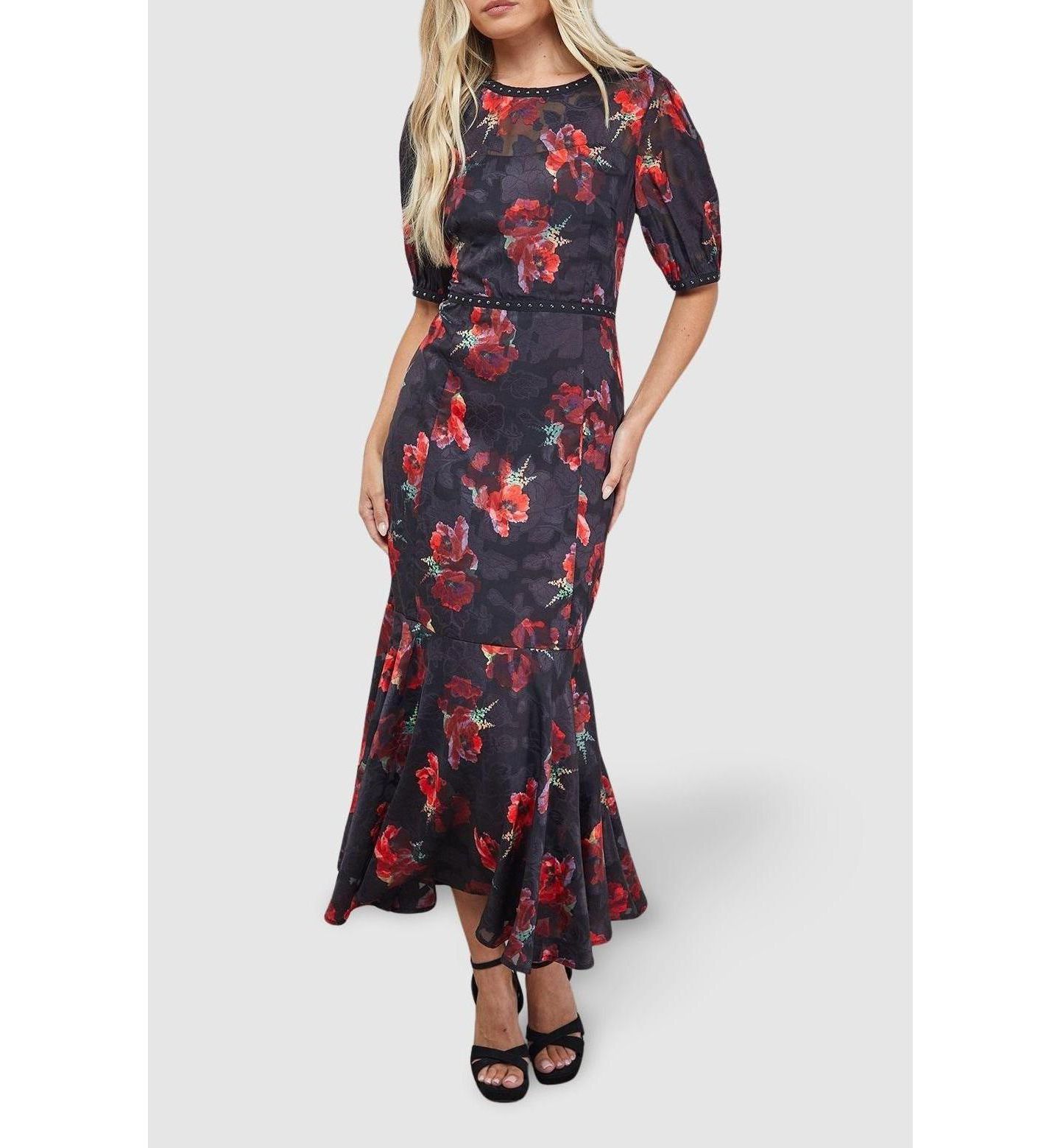 Женское платье Oasis Floral Stud Trim Puff Sleeve Midi, цвет: С принтом — фото 6