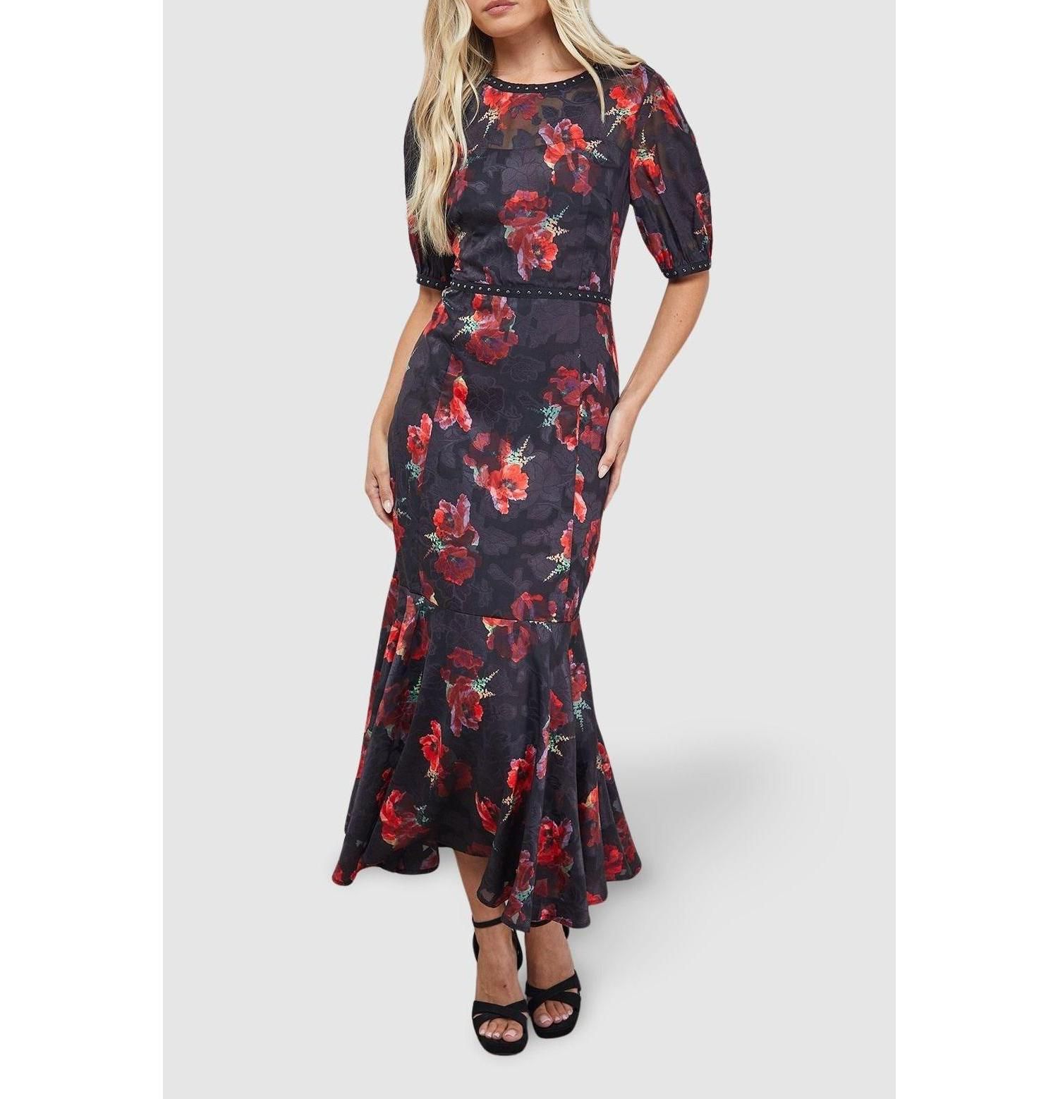 Women's Floral Stud Trim Puff Sleeve Midi Dress