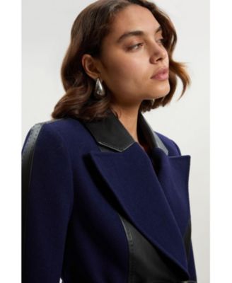 Women's Wool Pu Mix Belted Midi Coat