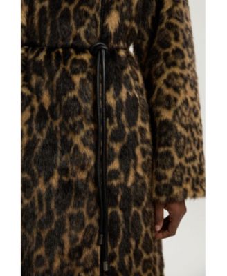 Women's Faux Fur Collarless Tie Belted Midi Coat
