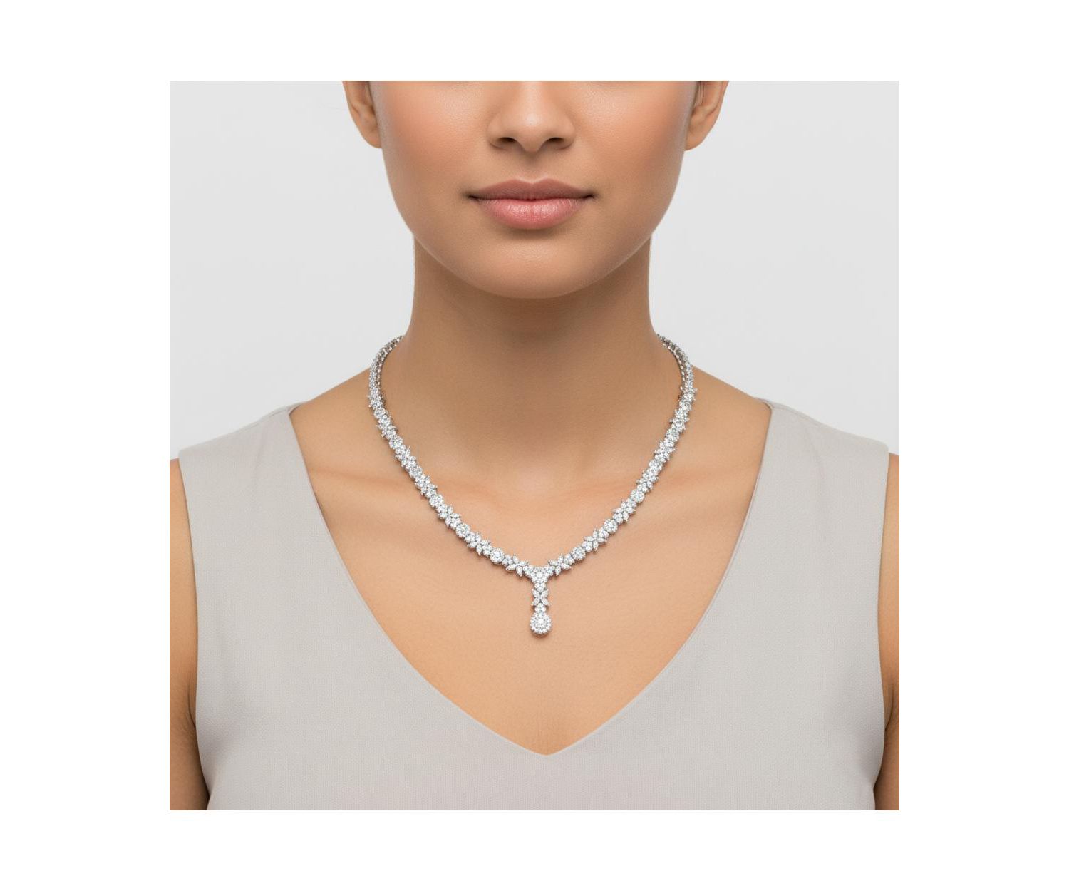 Elegant White Gold Plated Floral Cluster CZ Statement Necklace