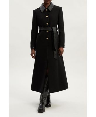 Women's Wool Pu Mix Belted Tailored Maxi Coat