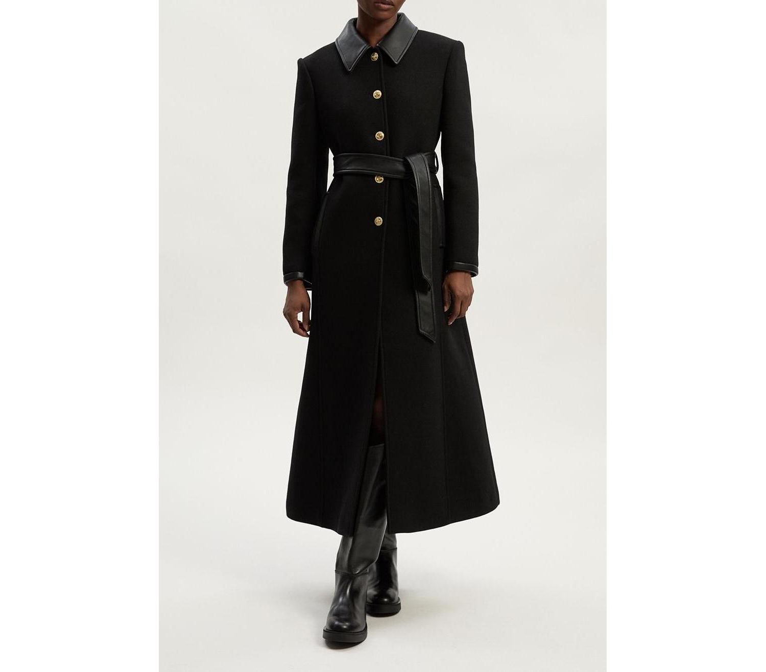 Women's Wool Pu Mix Belted Tailored Maxi Coat
