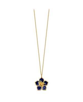 14K Yellow Gold 18 Inch Italian Navy Enamel Textured Plumeria Necklace