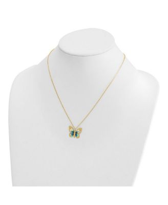 Solid 14k Yellow Gold 18 Inch Italian Blue Enamel Textured Butterfly Necklace