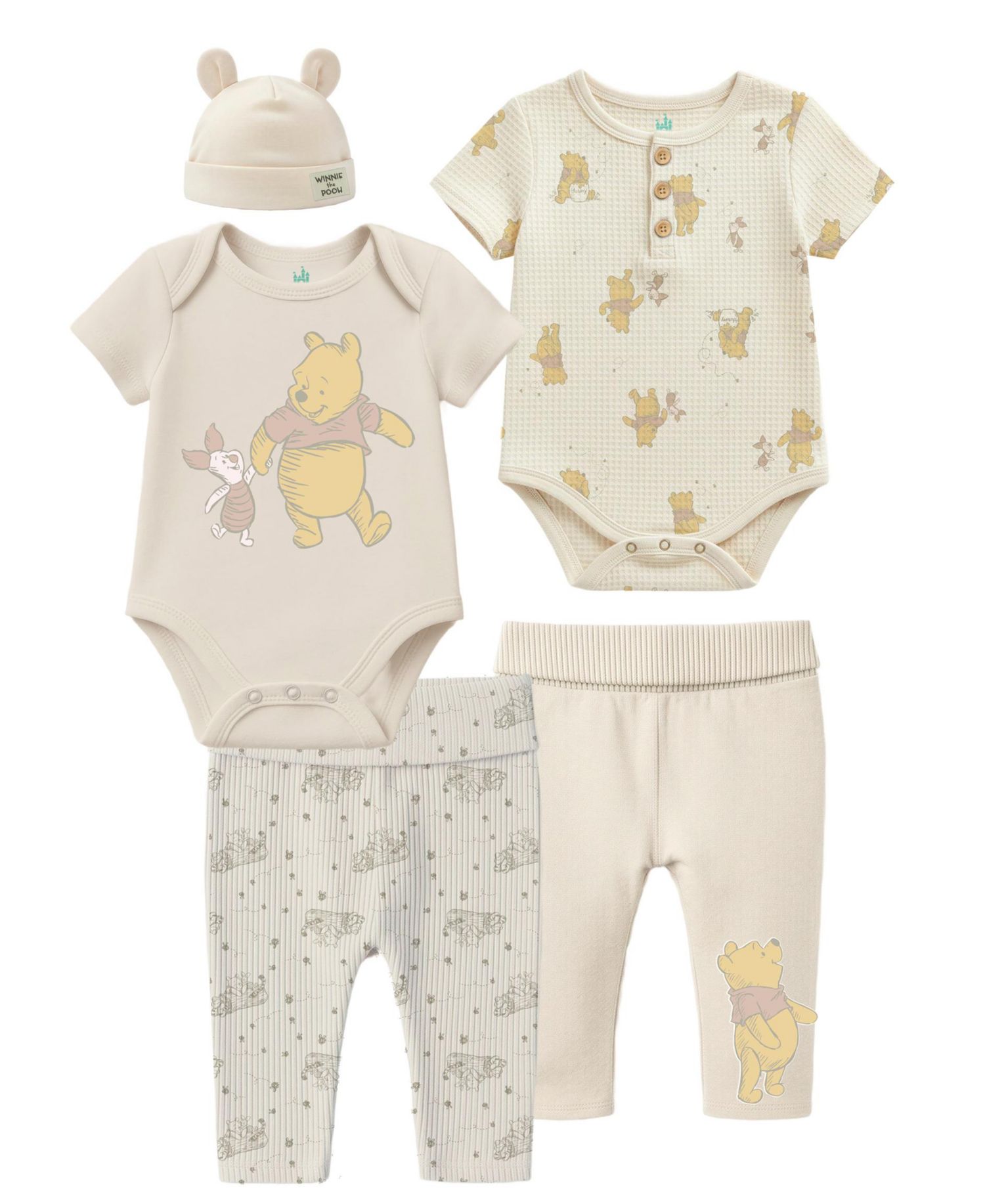 Baby Boys' or Baby Girls' Winnie the Pooh Short-Sleeve Bodysuit, Pants and Hat, 5-Piece Set