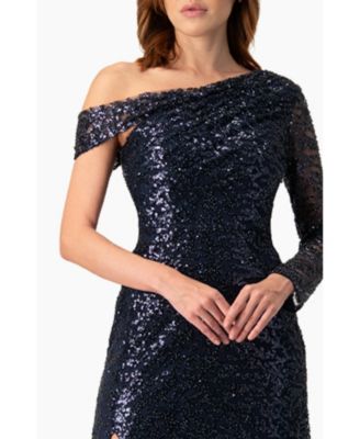 Women's Embroided Gown with Front Slit and One Sleeve