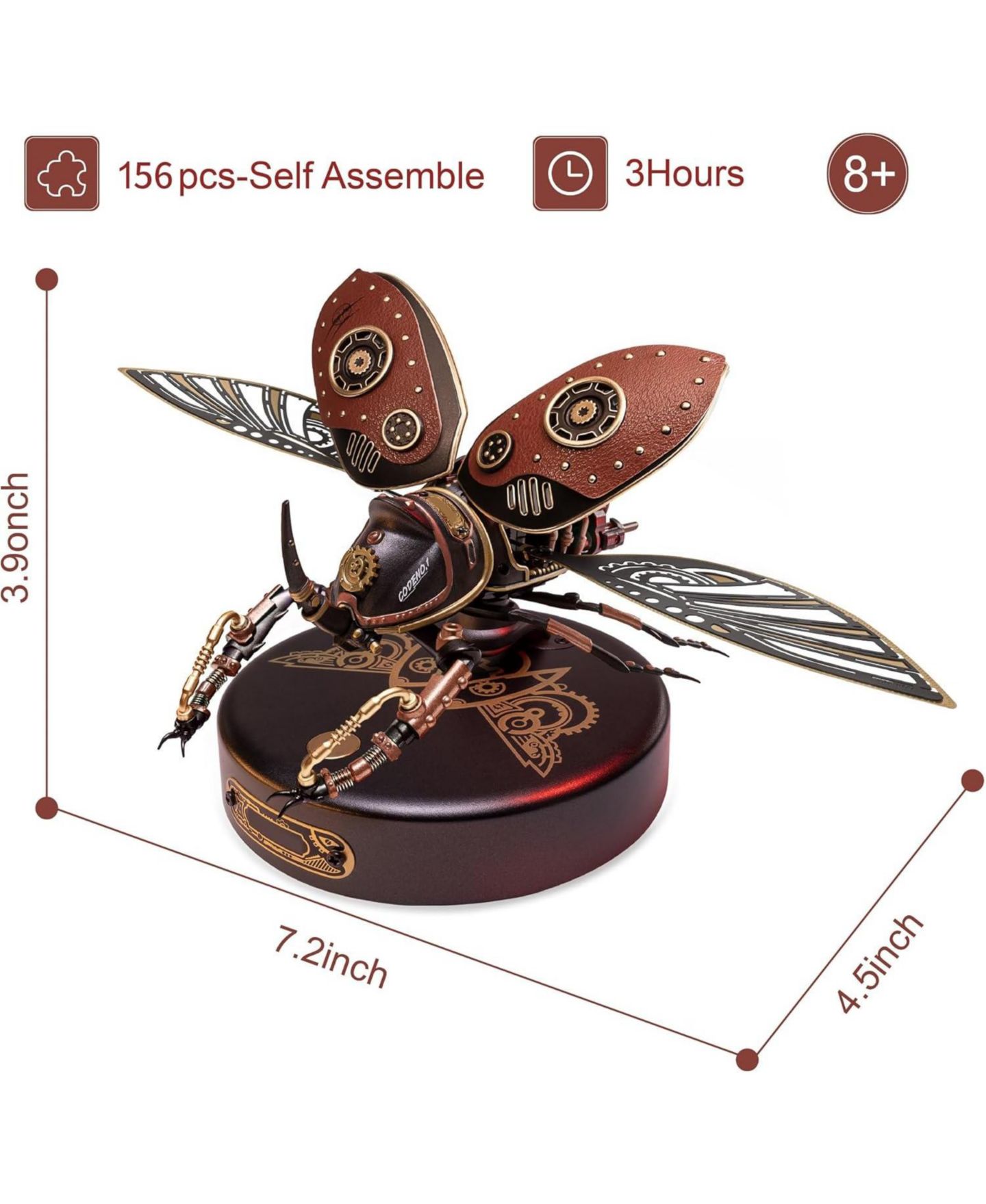 Детский конструктор Robotime Steampunk Mechanical Rhinoceros Beetle Touch-Activated LED 156-Piece 3D Metal Puzzle Building Set, Ages 8+ — фото 2