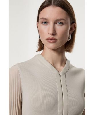 Women's Pu Trim Woven Sleeved Pleated Dress