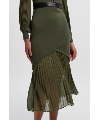 Women's Pu Trim Woven Sleeved Pleated Dress