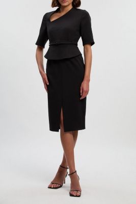 Women's Asymmetric Neck Belted Pencil Midi Dress