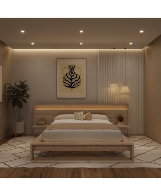 Lido Slatted Bedframe with Wide Headboard with Lights and Shelves