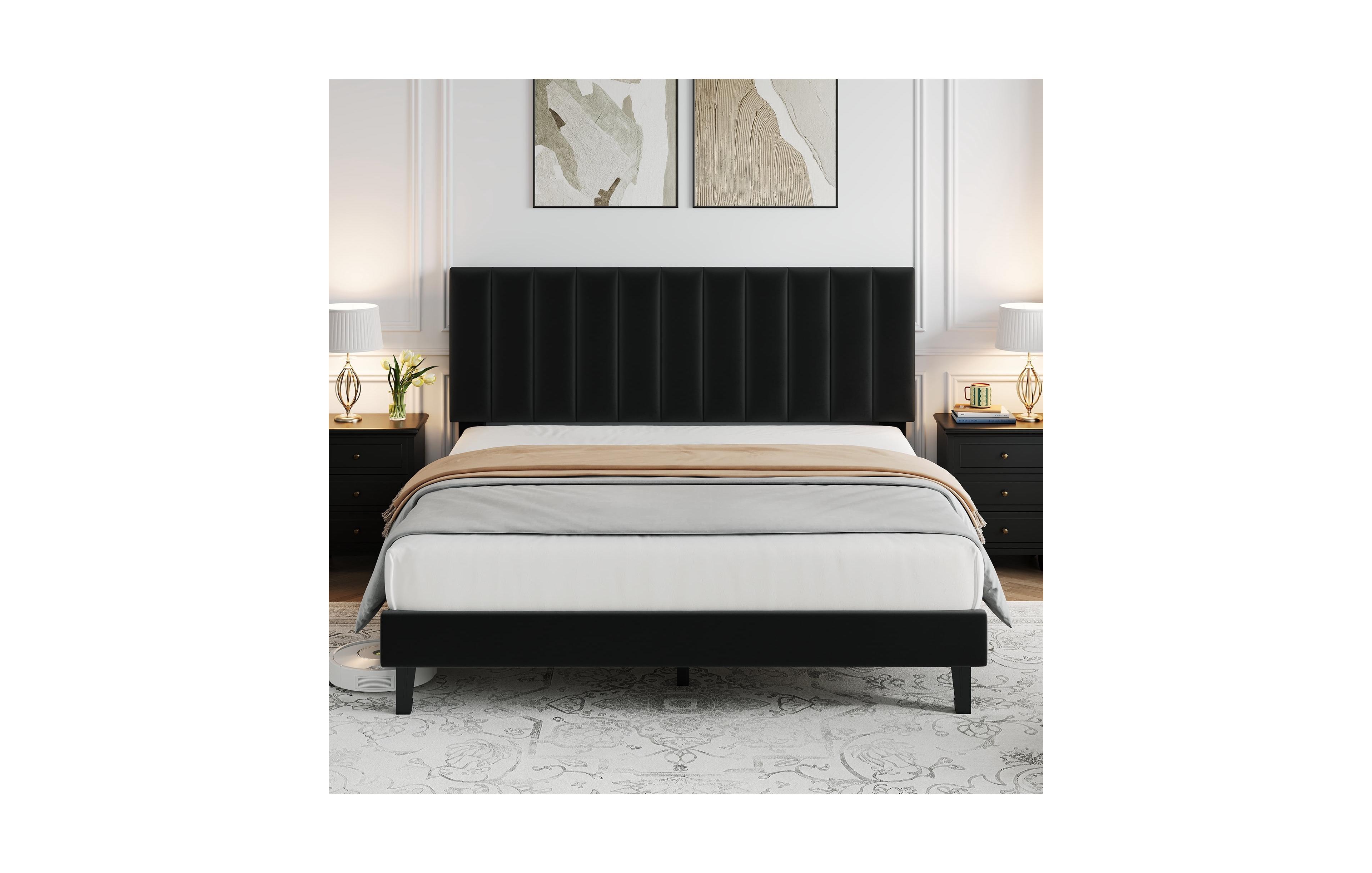 gaomon Bed Frame and Velvet Upholstered Headboard with Adjustable Vertical Channel Tufted Headboard