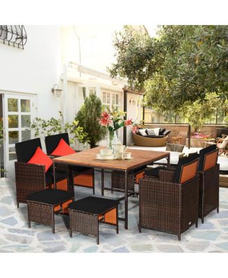 9 PCS Patio Rattan Dining Set Cushioned Chairs Ottoman Wood Table Top