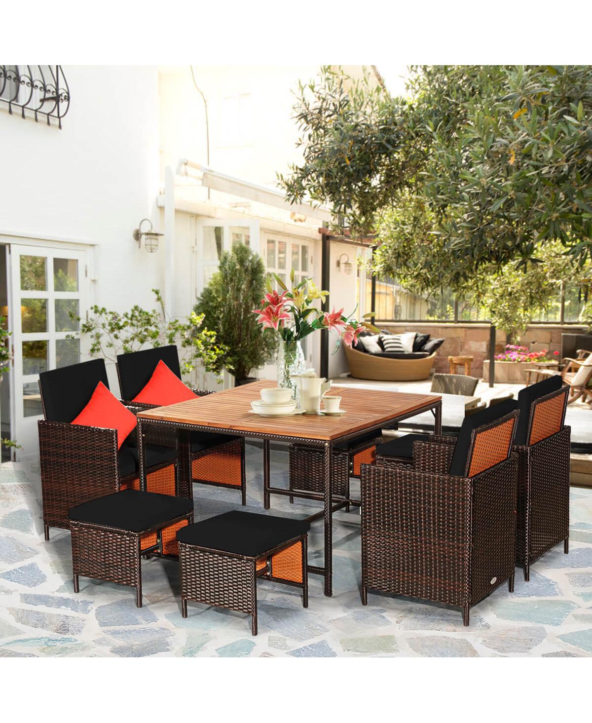 9 Pcs Patio Rattan Dining Set Cushioned Chairs Ottoman Wood Table Top