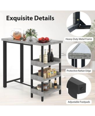 43.5" Outdoor Bar Table with Tempered Glass Top & 3 Rattan Shelves Storage