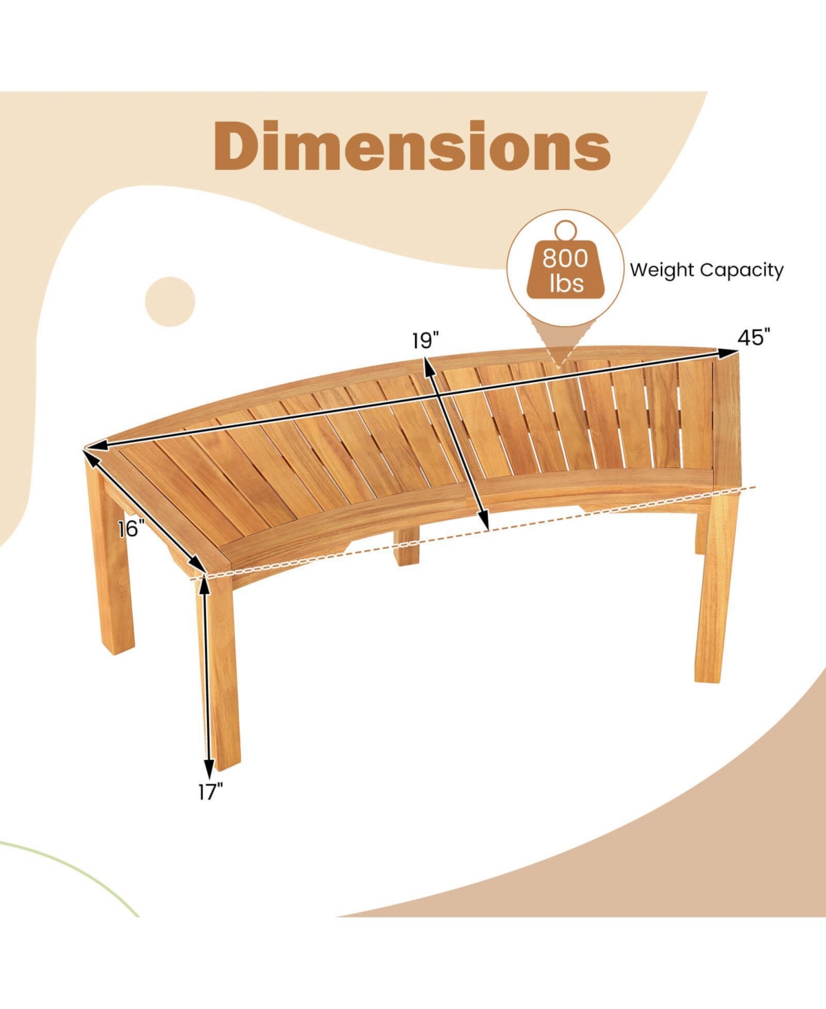 Outdoor Curved Bench with Slatted Seat Wrap Around Tree Bench 2-Person Seating