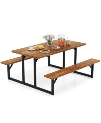 6-Person Acacia Wood Picnic Table with 2 Built-In Benches Umbrella Hole Metal Frame