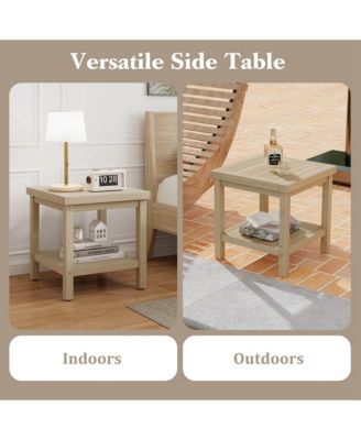 2-Tier Outdoor Side Table, Teak Wood End Table with Storage Shelf