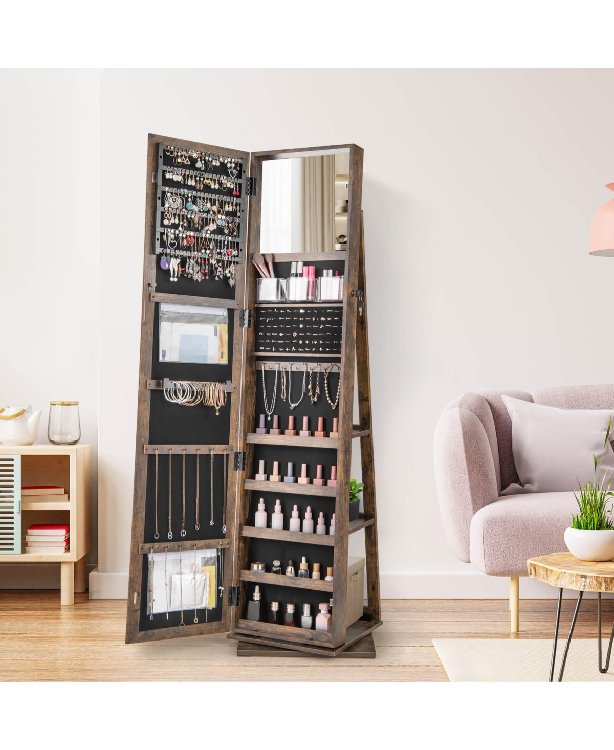 Costway 360degree(s) Swivel Jewelry Armoire with Full-Length Mirror Rear Shelves Makeup Mirror