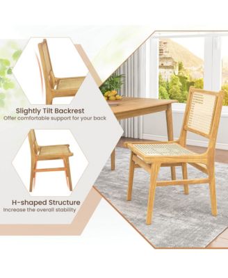 2 PCS Rattan Dining Chair with Natural Cane Woven Backrest & Seat & Teak Wood Frame
