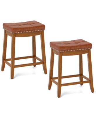 Saddle Bar Stools Set of 2 with PU Leather Seat Solid Rubber Wood Frame Footrest