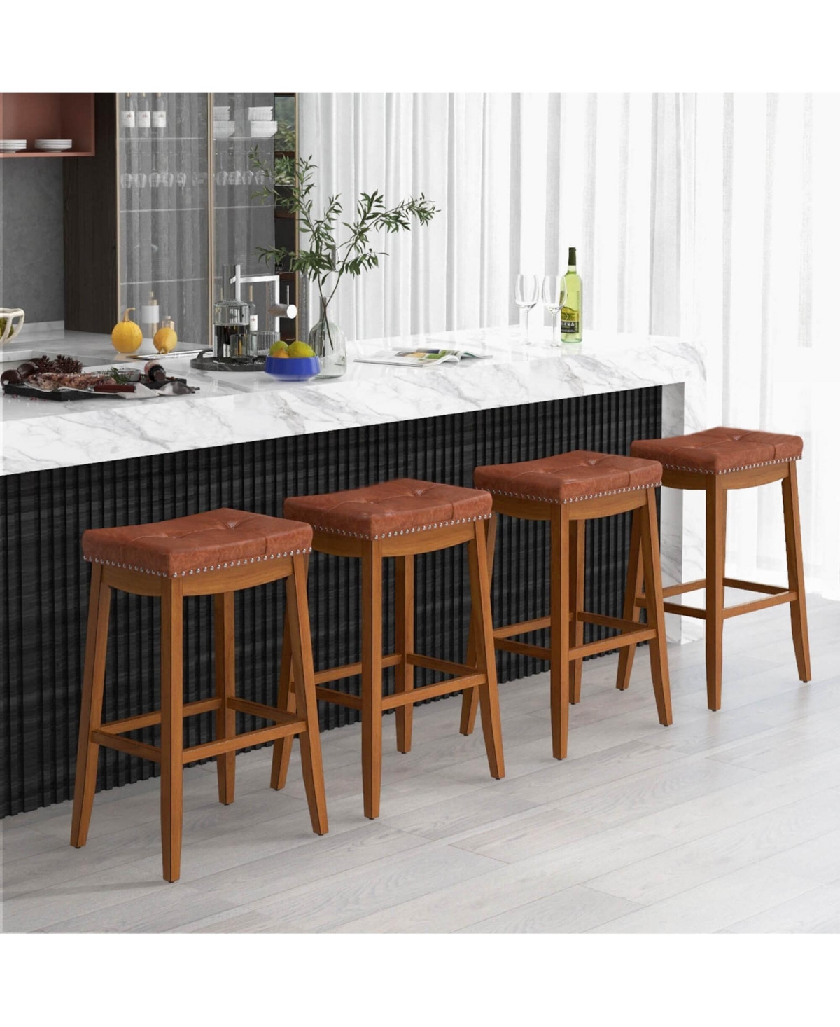 29" Bar Height Stools Set of with Pu Leather Seat Solid Rubber Wood Frame