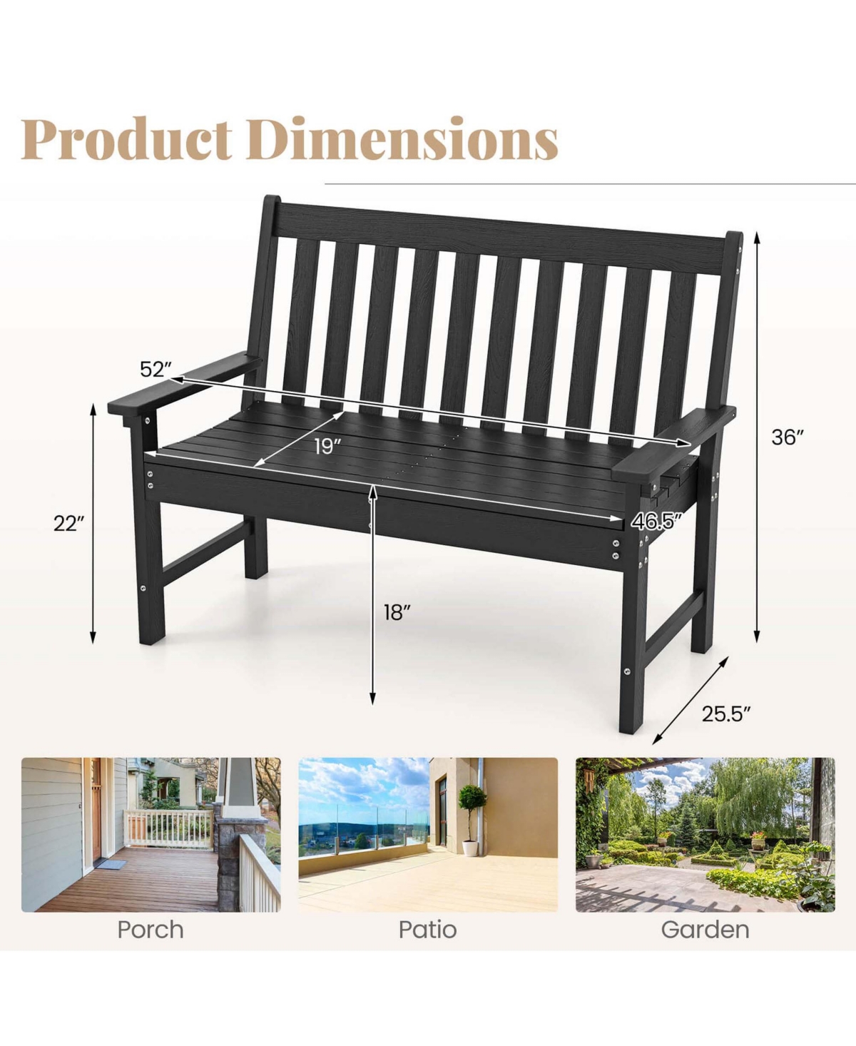Garden Bench All-Weather Hdpe 2-Person Outdoor for Front Porch Backyard