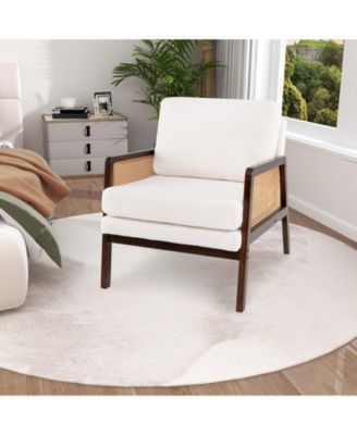 Mid Century Modern Accent Chair Living Room Armchair with Rattan Arms Wooden Frame