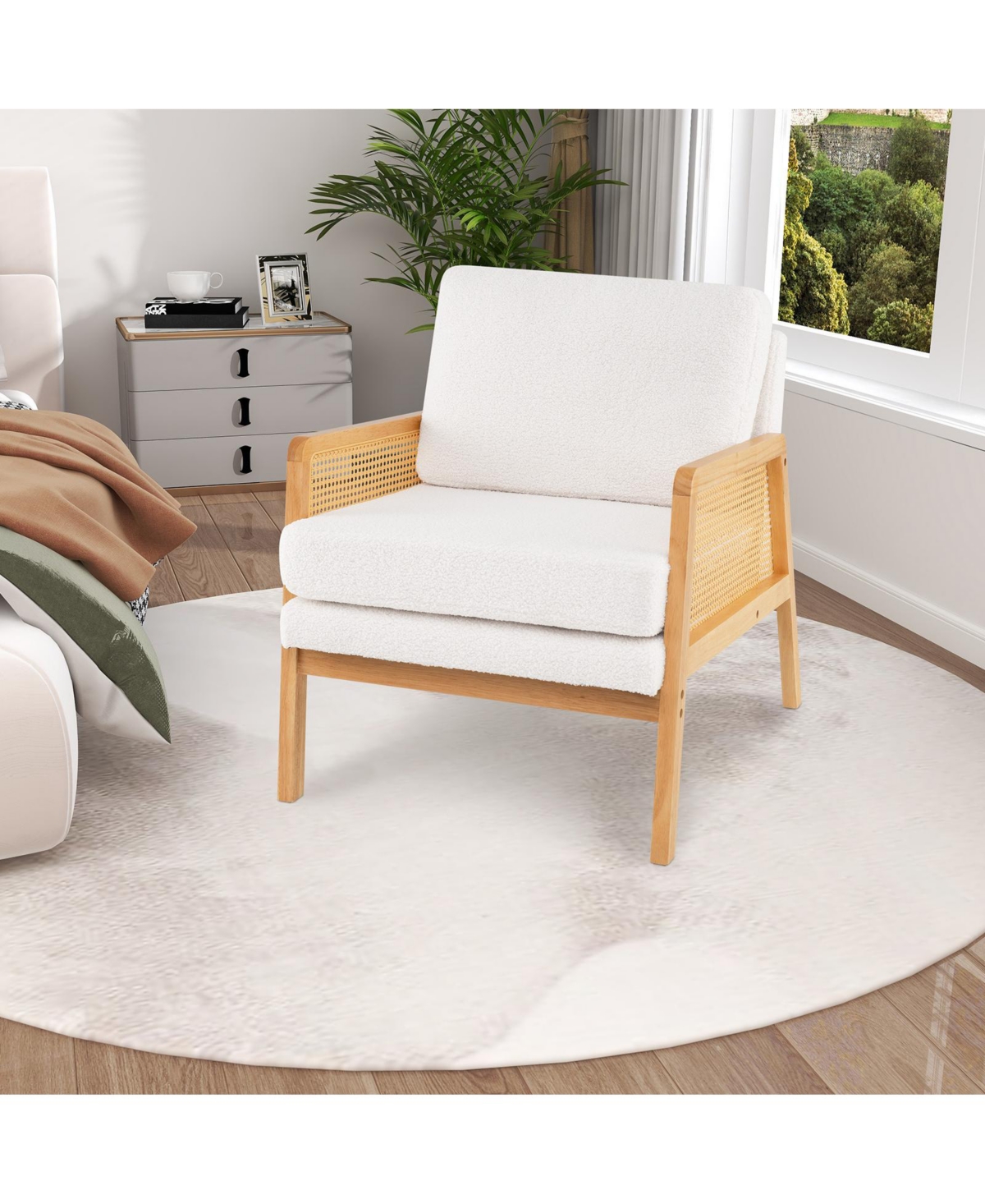 Costway Mid Century Modern Accent Chair Living Room Armchair with Rattan Arms Wooden Frame