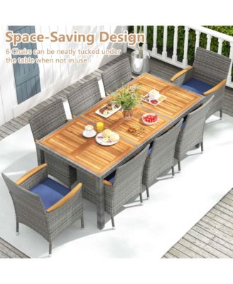 9 PCS Patio Dining Set for 8 Table and PE Rattan Chairs with 2" Umbrella Hole